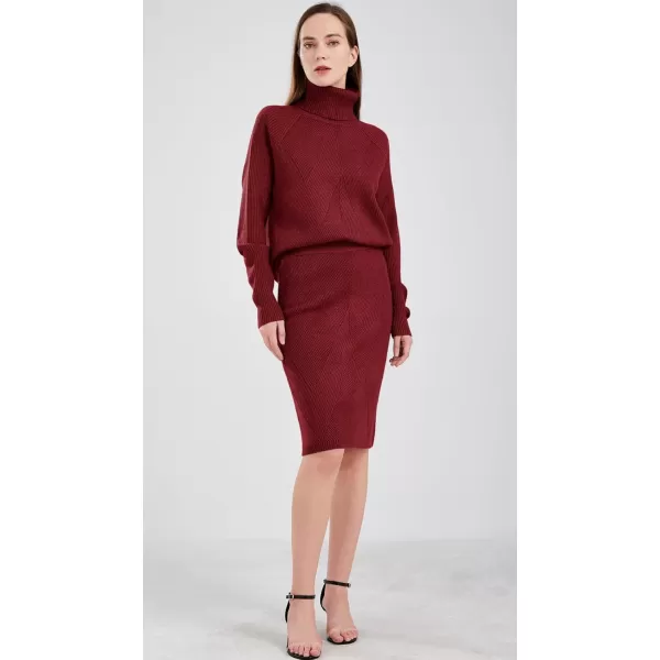 chouyatou Womens Casual 2 Piece Outfits Turtleneck Cable Knit Sweater and Bodycon Skirt SetsWine Red