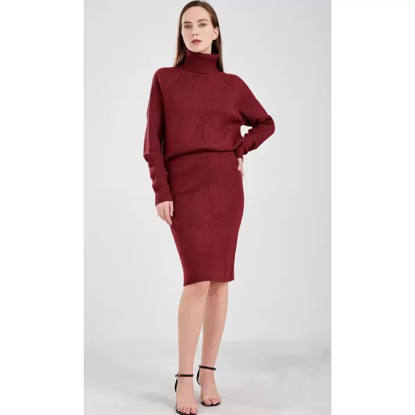 chouyatou Womens Casual 2 Piece Outfits Turtleneck Cable Knit Sweater and Bodycon Skirt SetsWine Red