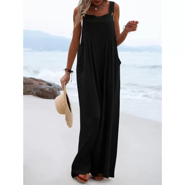 chouyatou Womens Casual Adjustable Strap Wide Leg Bib Overalls Jumpsuit with PocketsBlack