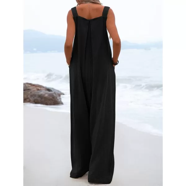 chouyatou Womens Casual Adjustable Strap Wide Leg Bib Overalls Jumpsuit with PocketsBlack