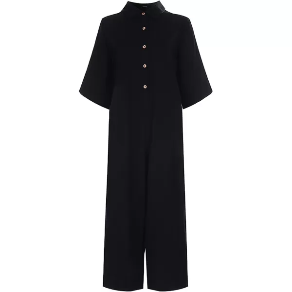 chouyatou Womens Casual Button Down RolledUp Sleeve Jumpsuit Pants Summer Wide Leg Overall RompersBlack
