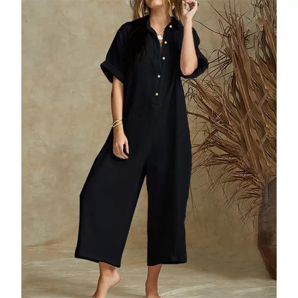chouyatou Womens Casual Button Down RolledUp Sleeve Jumpsuit Pants Summer Wide Leg Overall RompersBlack