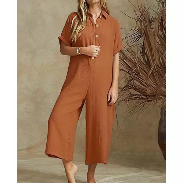 chouyatou Womens Casual Button Down RolledUp Sleeve Jumpsuit Pants Summer Wide Leg Overall RompersBrown