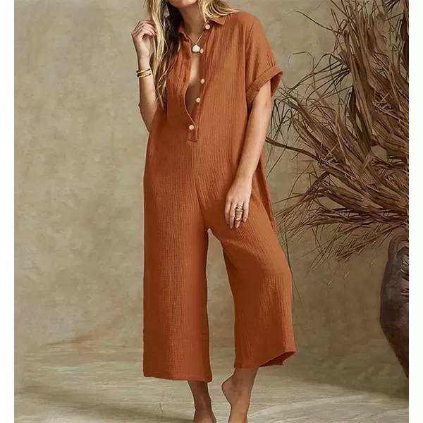 chouyatou Womens Casual Button Down RolledUp Sleeve Jumpsuit Pants Summer Wide Leg Overall RompersBrown