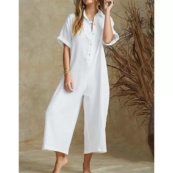 chouyatou Womens Casual Button Down RolledUp Sleeve Jumpsuit Pants Summer Wide Leg Overall RompersWhite