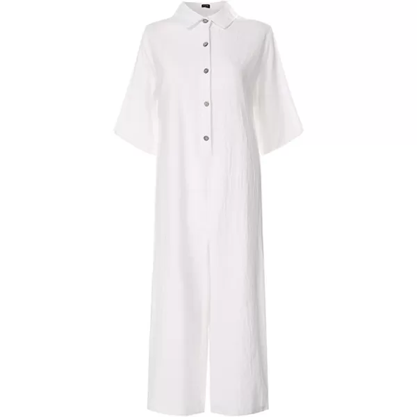 chouyatou Womens Casual Button Down RolledUp Sleeve Jumpsuit Pants Summer Wide Leg Overall RompersWhite