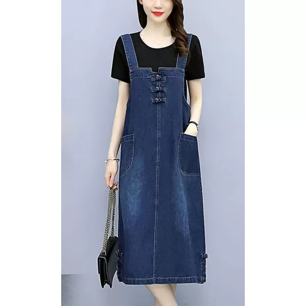 chouyatou Womens Casual Frog Button Deco ALine Midi Long Denim Overall DressDark Blue