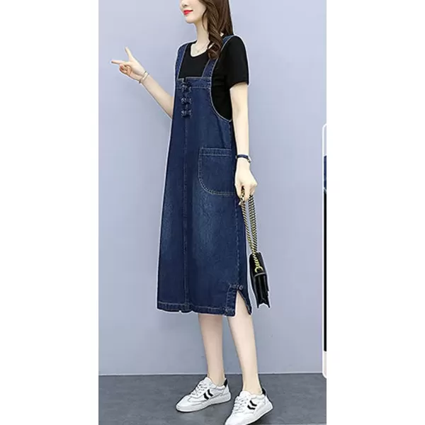 chouyatou Womens Casual Frog Button Deco ALine Midi Long Denim Overall DressDark Blue