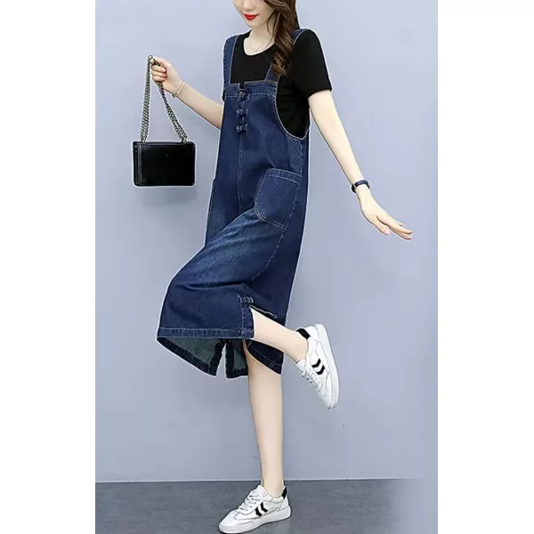 chouyatou Womens Casual Frog Button Deco ALine Midi Long Denim Overall DressDark Blue