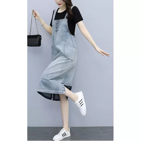 chouyatou Womens Casual Frog Button Deco ALine Midi Long Denim Overall DressLight Blue