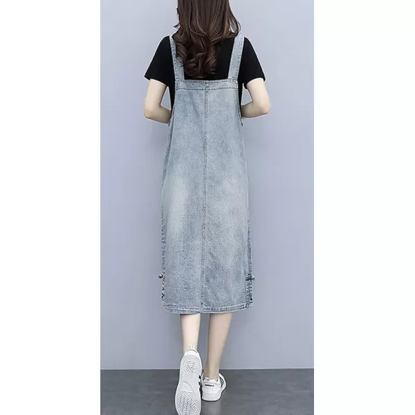 chouyatou Womens Casual Frog Button Deco ALine Midi Long Denim Overall DressLight Blue