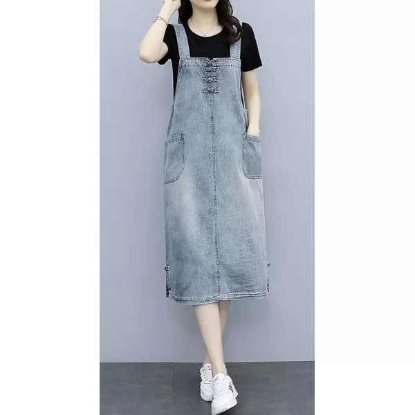 chouyatou Womens Casual Frog Button Deco ALine Midi Long Denim Overall DressLight Blue
