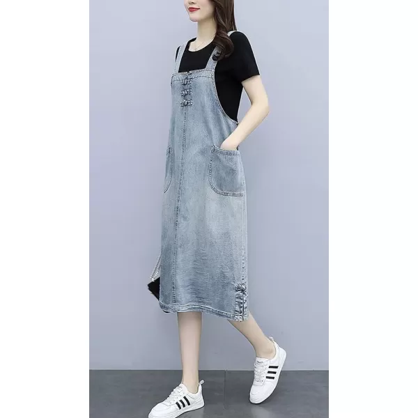 chouyatou Womens Casual Frog Button Deco ALine Midi Long Denim Overall DressLight Blue