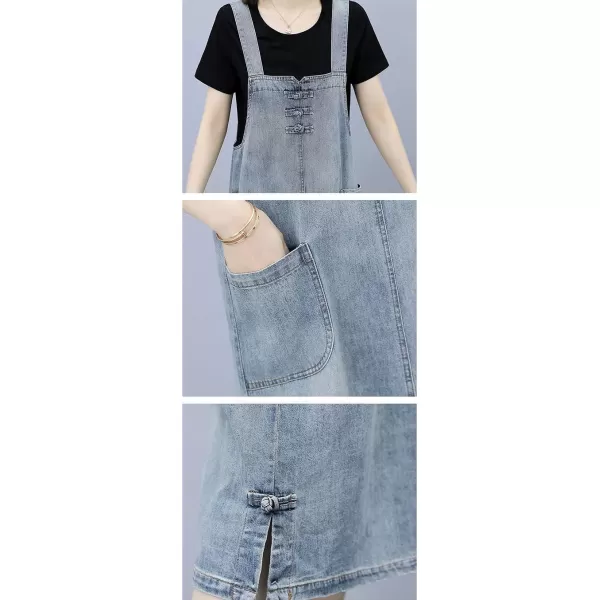 chouyatou Womens Casual Frog Button Deco ALine Midi Long Denim Overall DressLight Blue