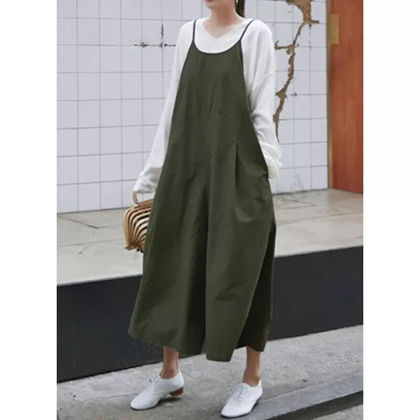 chouyatou Womens Casual Loose Bib Overalls Pants Cotton Baggy Wide Leg Jumpsuits RompersArmy Green