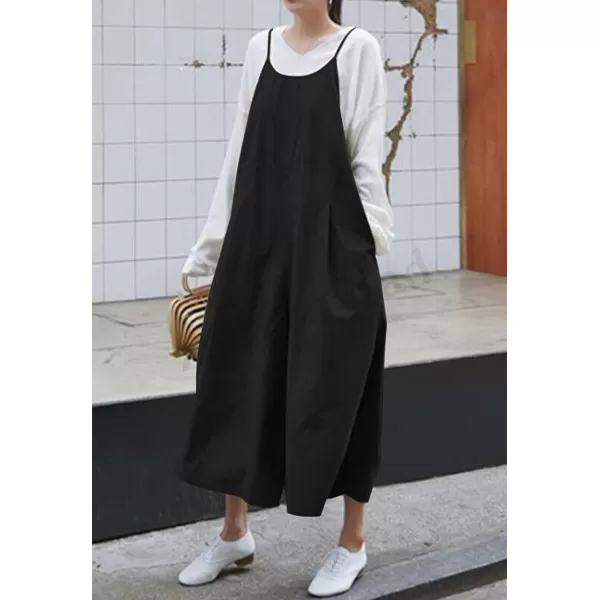 chouyatou Womens Casual Loose Bib Overalls Pants Cotton Baggy Wide Leg Jumpsuits RompersBlack