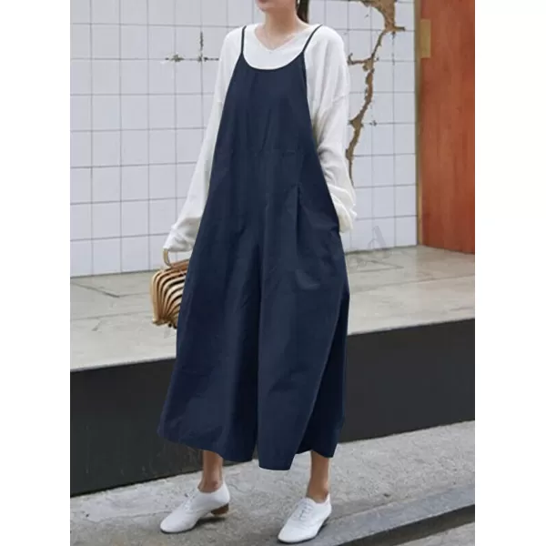 chouyatou Womens Casual Loose Bib Overalls Pants Cotton Baggy Wide Leg Jumpsuits RompersNavy Blue