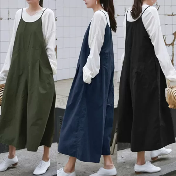 chouyatou Womens Casual Loose Bib Overalls Pants Cotton Baggy Wide Leg Jumpsuits RompersNavy Blue