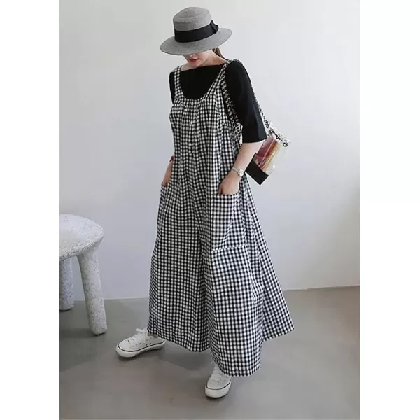 chouyatou Womens Casual Loose Fit Plaid Wide Leg Jumpsuits Baggy Cotton Bib Overalls Romper PantsBlack Plaid