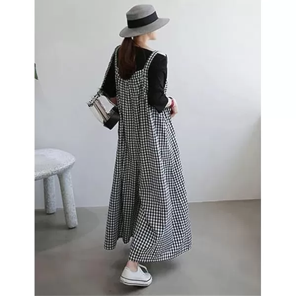 chouyatou Womens Casual Loose Fit Plaid Wide Leg Jumpsuits Baggy Cotton Bib Overalls Romper PantsBlack Plaid