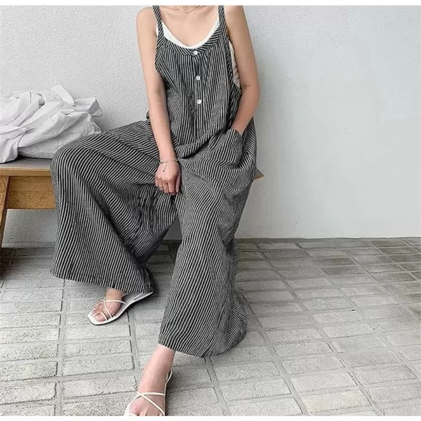chouyatou Womens Casual Loose Fit Plaid Wide Leg Jumpsuits Baggy Cotton Bib Overalls Romper PantsBlack Stripe
