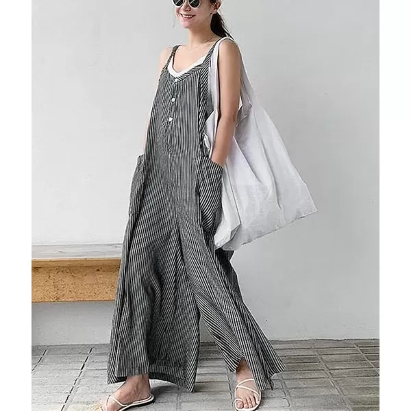 chouyatou Womens Casual Loose Fit Plaid Wide Leg Jumpsuits Baggy Cotton Bib Overalls Romper PantsBlack Stripe