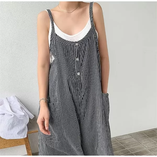 chouyatou Womens Casual Loose Fit Plaid Wide Leg Jumpsuits Baggy Cotton Bib Overalls Romper PantsBlack Stripe