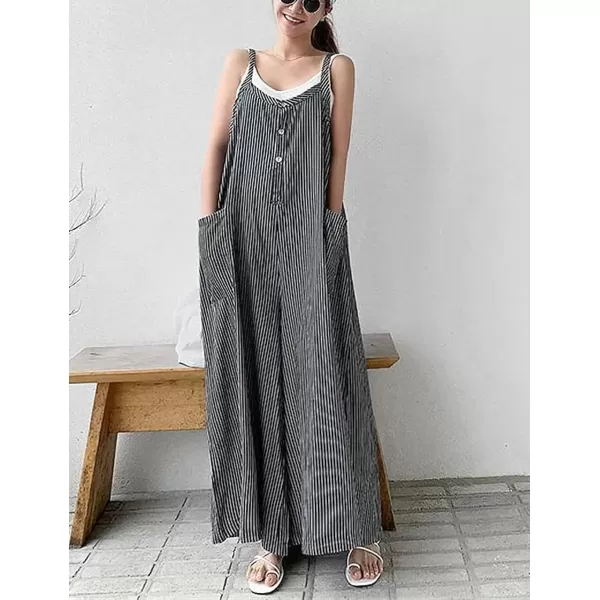 chouyatou Womens Casual Loose Fit Plaid Wide Leg Jumpsuits Baggy Cotton Bib Overalls Romper PantsBlack Stripe