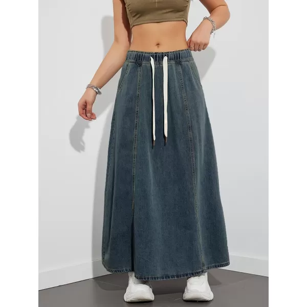 chouyatou Womens Casual Paperbag Elastic High Waist A Line Long Maxi Flare Denim SkirtDark Blue