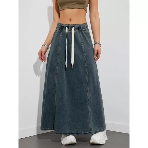 chouyatou Womens Casual Paperbag Elastic High Waist A Line Long Maxi Flare Denim SkirtDark Blue