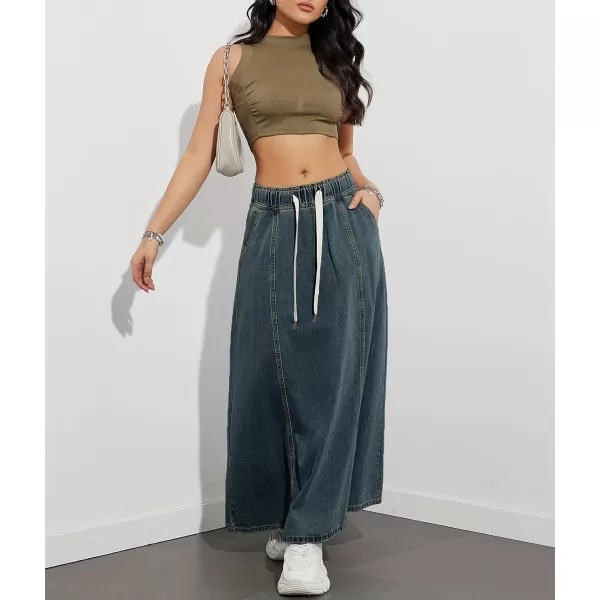 chouyatou Womens Casual Paperbag Elastic High Waist A Line Long Maxi Flare Denim SkirtDark Blue