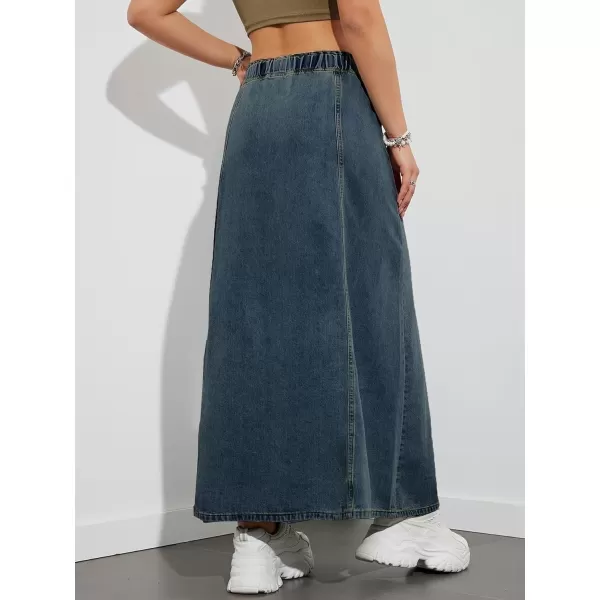 chouyatou Womens Casual Paperbag Elastic High Waist A Line Long Maxi Flare Denim SkirtDark Blue