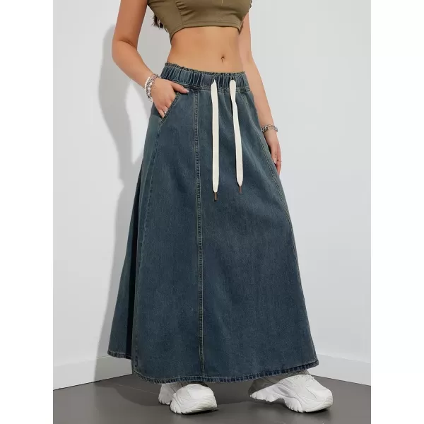 chouyatou Womens Casual Paperbag Elastic High Waist A Line Long Maxi Flare Denim SkirtDark Blue
