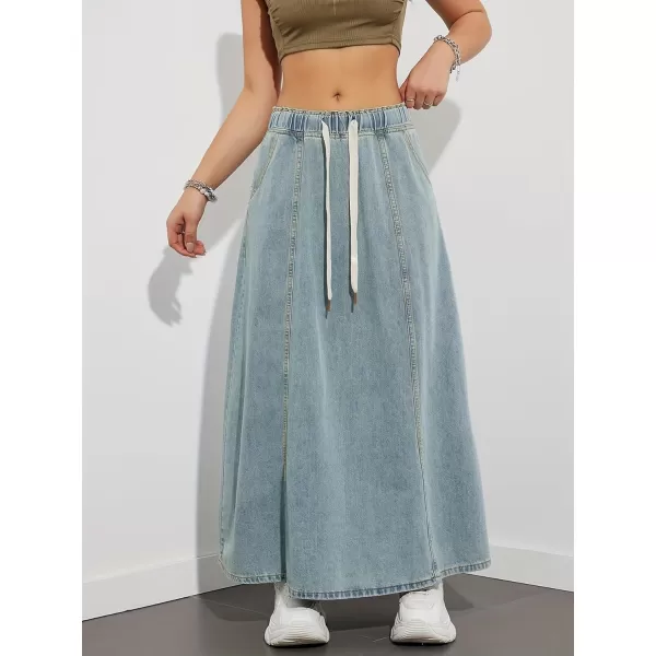 chouyatou Womens Casual Paperbag Elastic High Waist A Line Long Maxi Flare Denim SkirtLight Blue