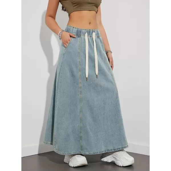 chouyatou Womens Casual Paperbag Elastic High Waist A Line Long Maxi Flare Denim SkirtLight Blue