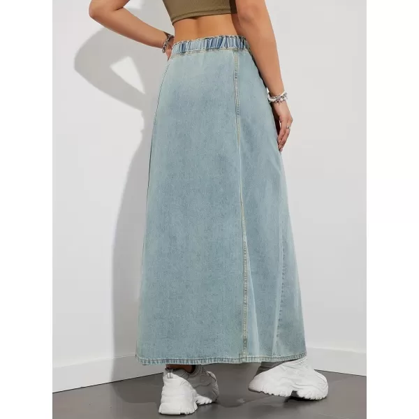 chouyatou Womens Casual Paperbag Elastic High Waist A Line Long Maxi Flare Denim SkirtLight Blue