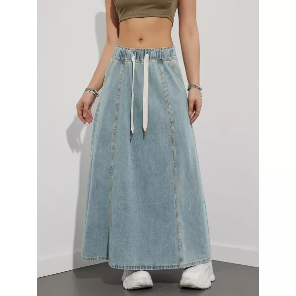 chouyatou Womens Casual Paperbag Elastic High Waist A Line Long Maxi Flare Denim SkirtLight Blue