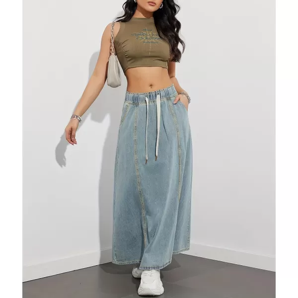 chouyatou Womens Casual Paperbag Elastic High Waist A Line Long Maxi Flare Denim SkirtLight Blue