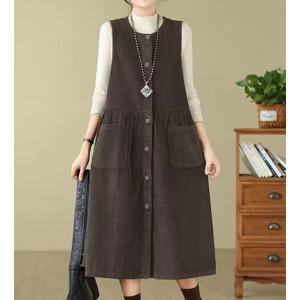 chouyatou Womens Corduroy Button Down Babydoll Tank Dress Crewneck Over Knee Long Overall Dress with PocketsCoffee