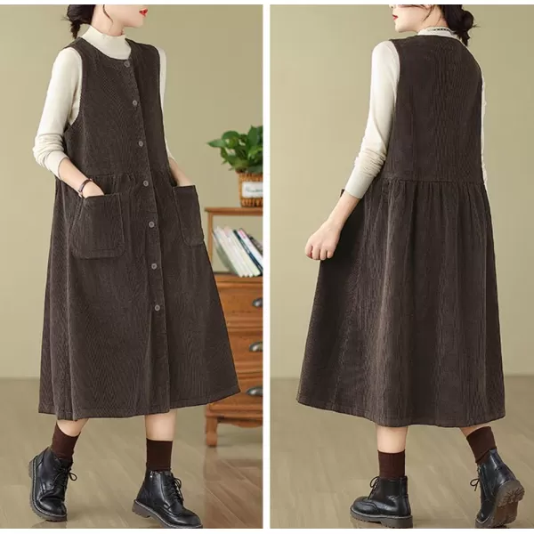 chouyatou Womens Corduroy Button Down Babydoll Tank Dress Crewneck Over Knee Long Overall Dress with PocketsCoffee
