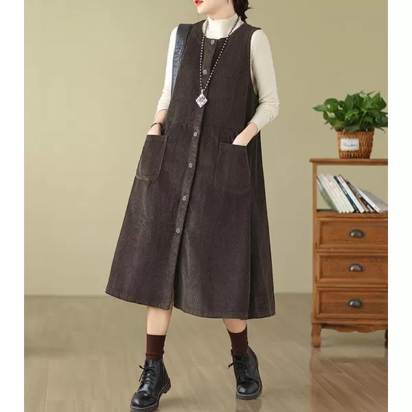chouyatou Womens Corduroy Button Down Babydoll Tank Dress Crewneck Over Knee Long Overall Dress with PocketsCoffee