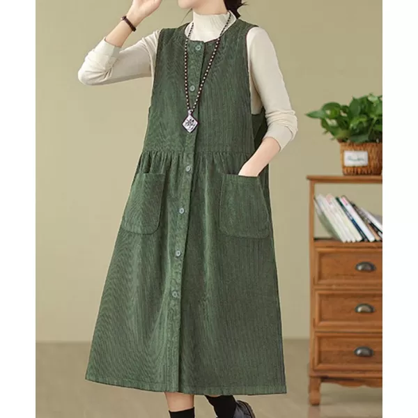 chouyatou Womens Corduroy Button Down Babydoll Tank Dress Crewneck Over Knee Long Overall Dress with PocketsDark Green