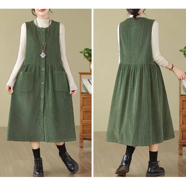 chouyatou Womens Corduroy Button Down Babydoll Tank Dress Crewneck Over Knee Long Overall Dress with PocketsDark Green