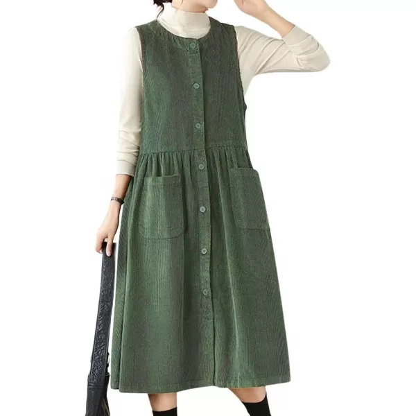 chouyatou Womens Corduroy Button Down Babydoll Tank Dress Crewneck Over Knee Long Overall Dress with PocketsDark Green