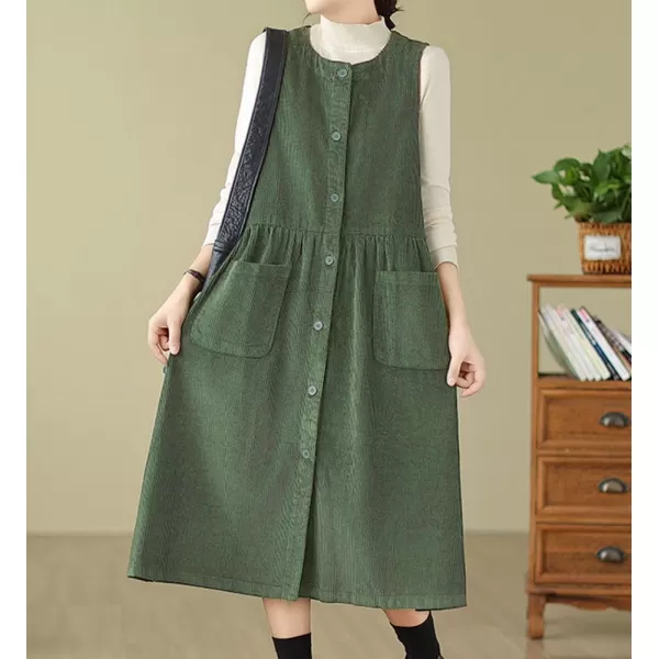 chouyatou Womens Corduroy Button Down Babydoll Tank Dress Crewneck Over Knee Long Overall Dress with PocketsDark Green