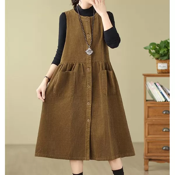 chouyatou Womens Corduroy Button Down Babydoll Tank Dress Crewneck Over Knee Long Overall Dress with PocketsKhaki Brown