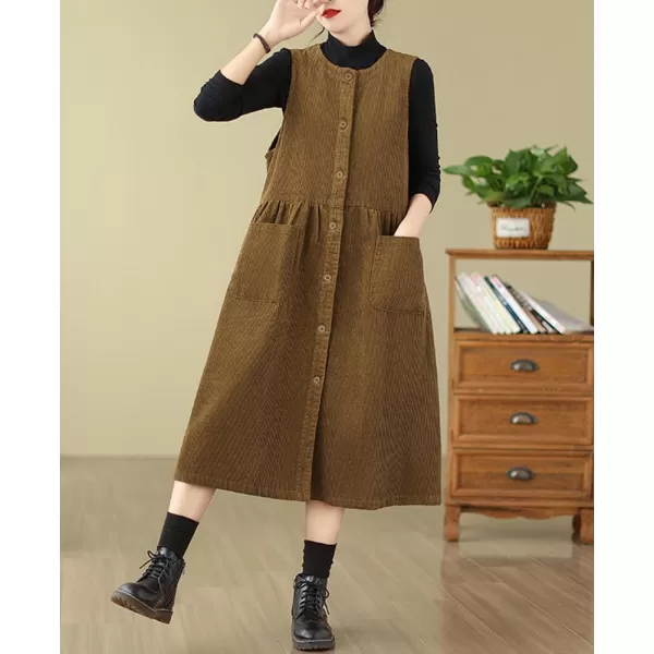 chouyatou Womens Corduroy Button Down Babydoll Tank Dress Crewneck Over Knee Long Overall Dress with PocketsKhaki Brown