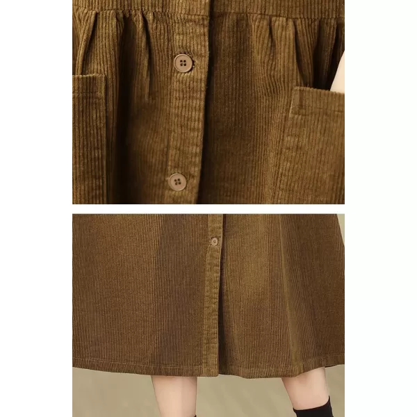 chouyatou Womens Corduroy Button Down Babydoll Tank Dress Crewneck Over Knee Long Overall Dress with PocketsKhaki Brown