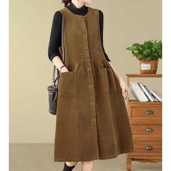 chouyatou Womens Corduroy Button Down Babydoll Tank Dress Crewneck Over Knee Long Overall Dress with PocketsKhaki Brown