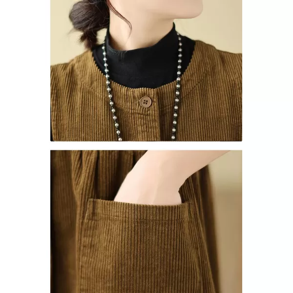 chouyatou Womens Corduroy Button Down Babydoll Tank Dress Crewneck Over Knee Long Overall Dress with PocketsKhaki Brown